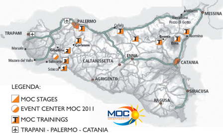 Kart over Sicilia med MOC Sprint Tour og MOC 2011 arenaer vist på kartet.