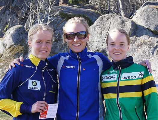 På pallen i Craft cup sprinten i Sandfjord i D21. Fra venstre Heidi Østlid Bagstevold, Bækkelaget, Helen Palmer, Wing, og Bodil Holmström, NTNUI.