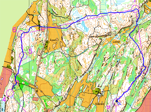 Olav Lundanes sin rute mellom noen av postene i Blodslitet 2012 med blå GPS-strek. Kartutsnitt og GPS-spor: Blodslitet/Fredrikstad SK.