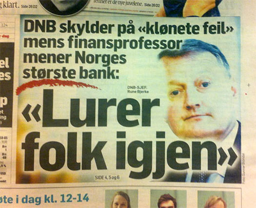 Deler av forsiden på avisen Dagens Næringsliv 5. april 2013. Faksimile Dagens Næringsliv.