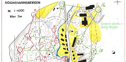 Kart med begge løyper fra ”Svarta nattplukkaren”, det første o-løpet i Gaustadskogen.