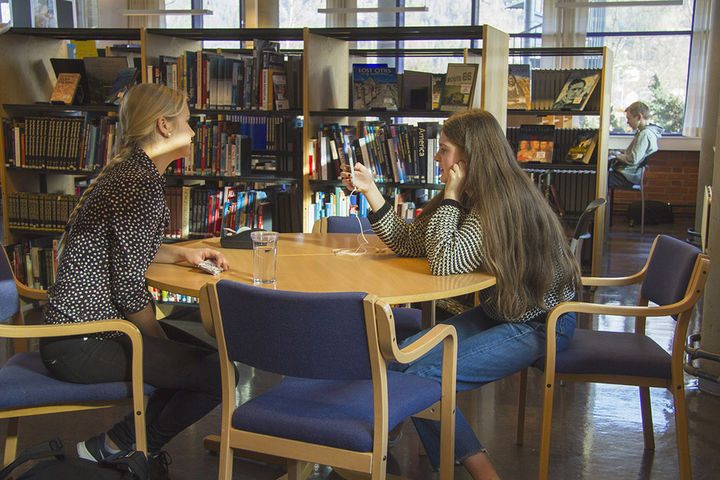 Fotograf: Sunniva Grimstad Hestenes. Elevar på biblioteket ved hafstad vgs