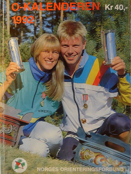 Faksimile av NOF-kalenderen fra 1992. Vi ser Anne Line Nydal og Petter Thoresen med hver sin kongepokal.