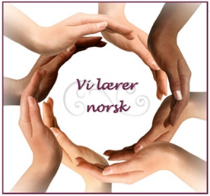 Hender forma i ein sirkel med teksten "Vi lærer norsk"