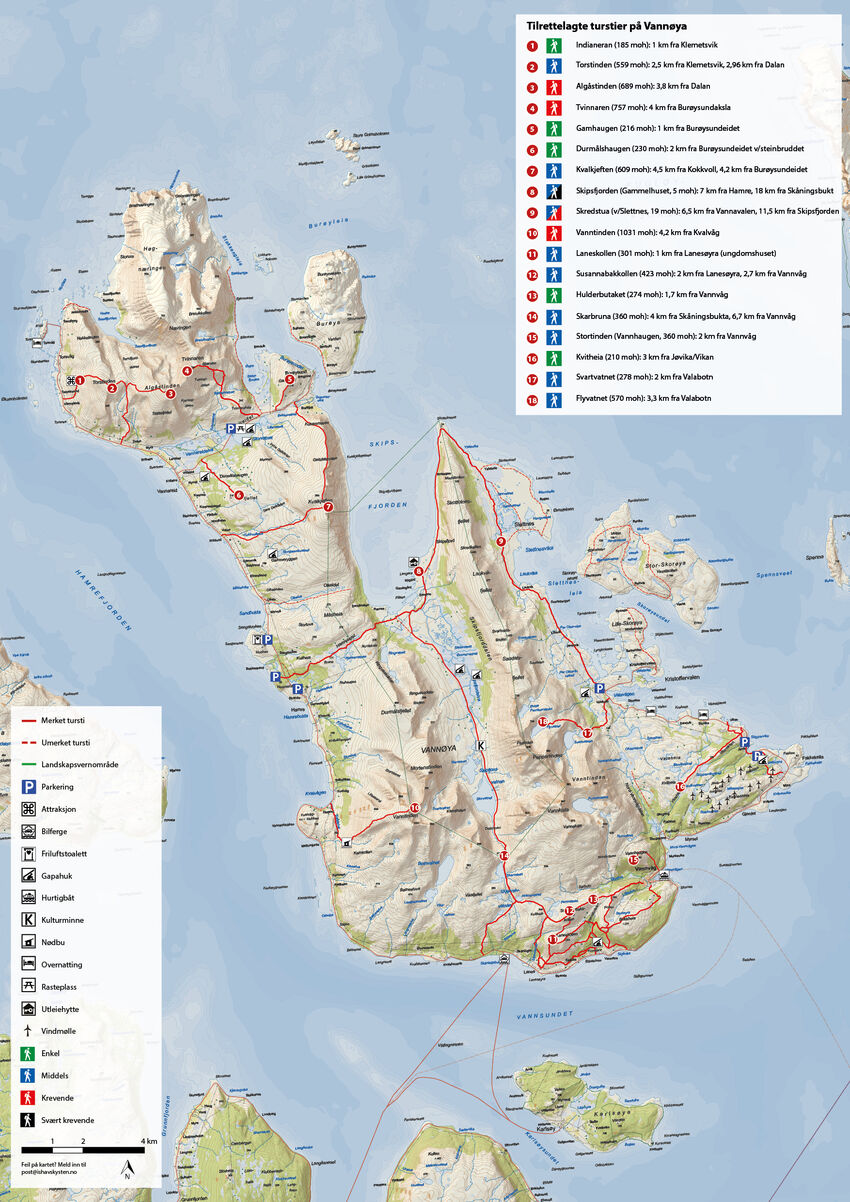 Kart over utvalgte turløyper på Vannøya. Kartografi: Solveig Enoksen. Kartgrunnlag: Kartverket