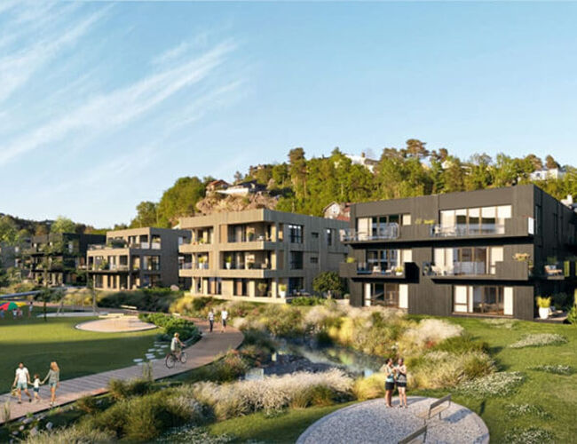 Illustrasjon av boligprosjektet i Bjørndalen i Kristiansand. Illustrasjon: DARK Arkitekter/ NOSLEEPTILLBROOKLYN