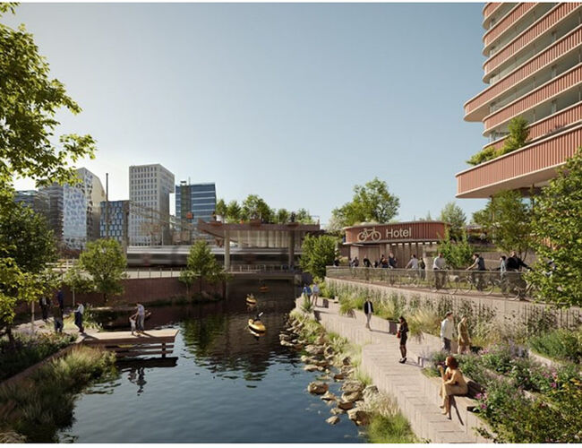 Sammen med KLP planlegger Syklistenes Landsforening etableringen av Nordens største sykkelanlegg som en integrert del av høyhusprosjektet BG14B rett ved siden av Oslo S. Illustrasjon: Kristin Jarmund/C.F. Møller/Rodeo arkitekter<br /><br />