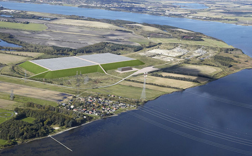 Skisse av det planlagte damvarmelageret i Aalborg. Skisse: Rambøll