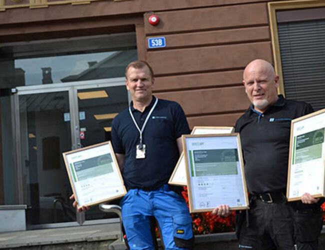 Höegh Eiendom har en egen driftsorganisasjon med egne driftsledere på hvert bygg. BREEAM In-Use gir drifterne gode verktøy. Fra ventstre William Fremstad og Trond Berg. Foto: Höegh Eiendom<br /><br />