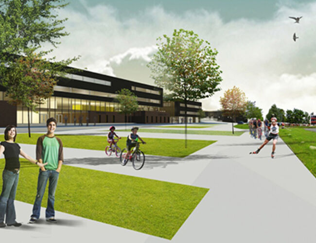Illustrasjonen viser Heimdal videregående skole som vil bli et pilotbygg i ZEB. Kilde: PKA Arkitekter, Asplan Viak og Lusparken Arkitekter  