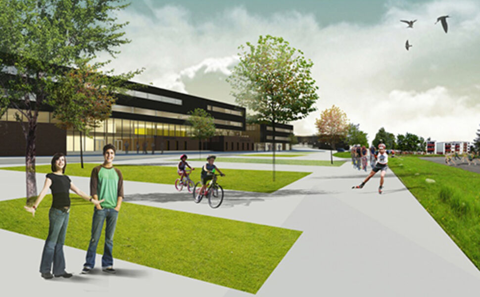 Illustrasjonen viser Heimdal videregående skole som vil bli et pilotbygg i ZEB. Kilde: PKA Arkitekter, Asplan Viak og Lusparken Arkitekter  