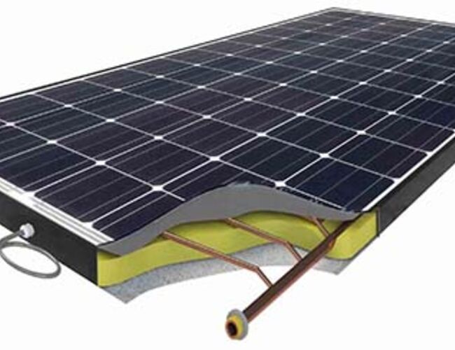 Bildet viser en hybrid solcelle/solfanger (PVT-panel). Kilde: MinimiseGroup.com