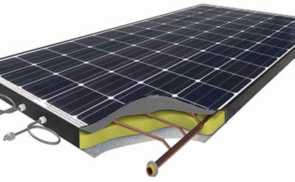 Bildet viser en hybrid solcelle/solfanger (PVT-panel). Kilde: MinimiseGroup.com