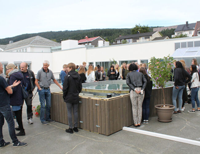 Bildet er fra åpningen av taklaboratoriet på Molde vgs i september. Solfangerne er til høyre på bildet, bak drivhuset. Foto: Molde vgs