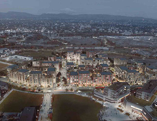Det planlagte området sett mot Nansenparken.  Illustrasjon: Dyrvik Arkitekter og Transborder Studio