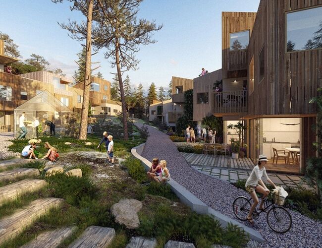Verktøyet EE Settlement gjør det enkelt å sammenlikne ulike utbyggingsplaner og å forstå hvilke tiltak som har størst klimaeffekt. Boligområdet Hamrevann i Kristiansand var case for testing av verktøyet. Illustrasjon: LPO Arkitekter