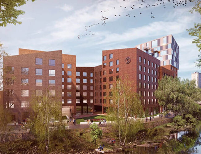 Nå sender SiO rammesøknaden for 200 nye studentboliger ved Akerselva. Målet er at det skal bli den første utslippsfri byggeplassen for studentboliger. Illustrasjon: A-Lab