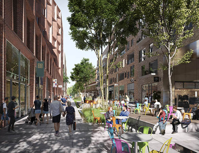 Hovedgaten i Lilleakerbyen. Illustrasjon: A-lab/LPO