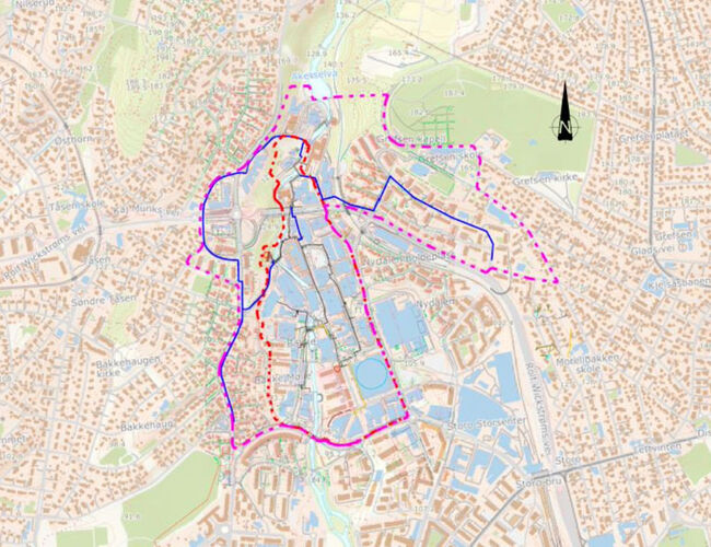Utvidelse av konsesjonsområdet for fjernvarme vist med rosa stiplet linje. Kilde: Nydalen Energi