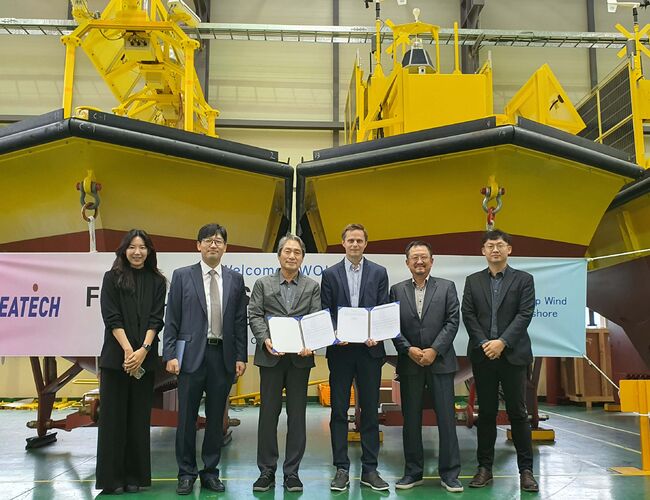 Fra venstre Choi Jiye (Seatech), Gang Yongsoo (Seatech), Jang Pilsoon (CEO Seatech) Hans Petter Øvrevik (kommunikasjonsdirektør Deep Wind Offshore) H.K. Song (Deep Wind Offshore) og S.B. Jeon (Deep Wind Offshore).