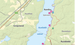 Kart som viser sti inn til Aurebu