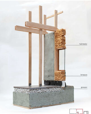 Modell som viser detalj av halmball-vegg. Kilde: Katarina Kierulf og Alvar Elias Ekhougen Larsen