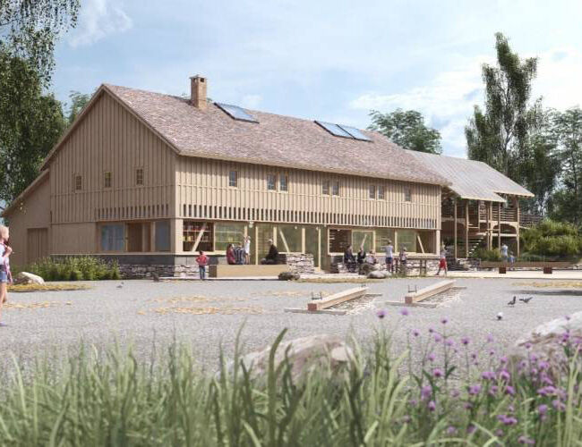 Det nye bygget TradLab TRE skal ligge midt i Friluftsmuseet. Ill. Olav Vidvei/Norsk Folkemuseum