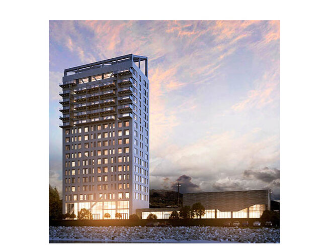 Mjøstårnet blir verdens høyeste trehus, 80 meter høyt og 18 etasjer. Illustrasjon: Voll Arkitekter.