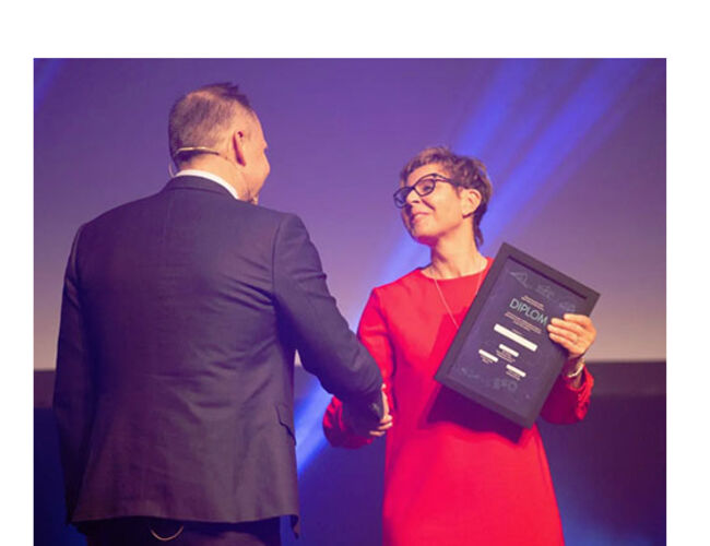Fylkesordfører i Hordaland, Anne Gine Hestetun, mottar diplom og gratulasjon fra adm. dir i Elektroforeningen, Frank Jaegtnes.  Foto: Elektroforeningen