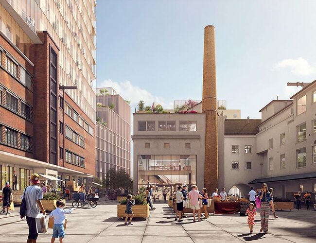 Landbrukskvartalet i Oslo vil ha byggestart i 2020/2021. Illustrasjon: Transborder Studio. Høyhus: Baumschlager Eberle