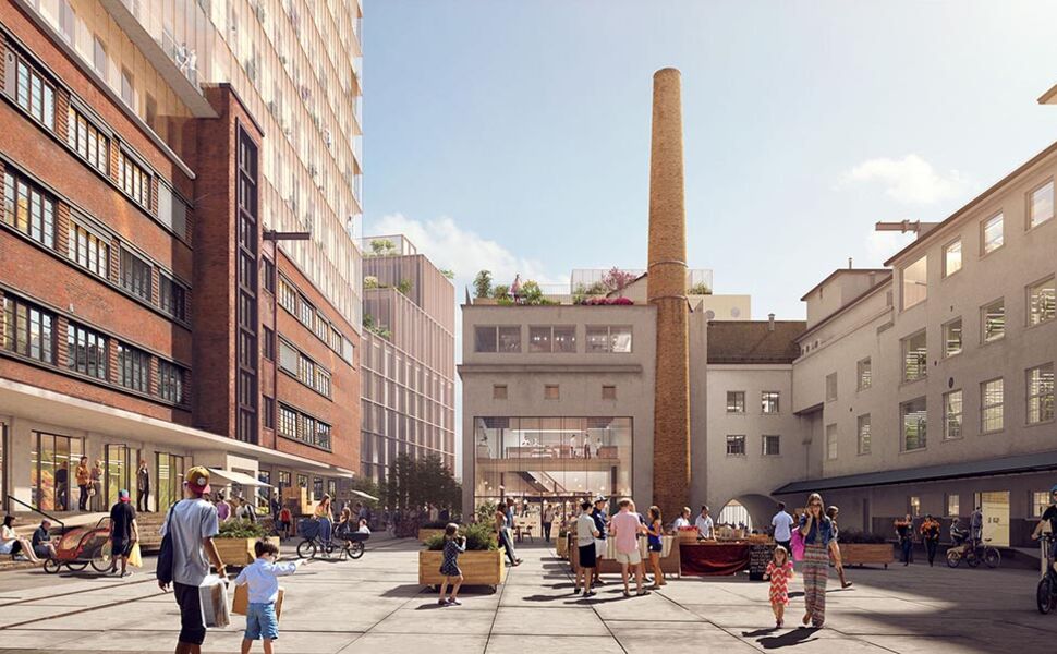 Landbrukskvartalet i Oslo vil ha byggestart i 2020/2021. Illustrasjon: Transborder Studio. Høyhus: Baumschlager Eberle