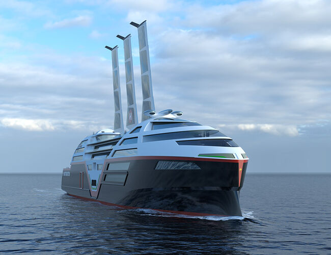 I 2030 planlegger Hurtigruten Norge for bærekraftige skip med seil, som har solcellepaneler integrert. Illustrasjon: Vard Design