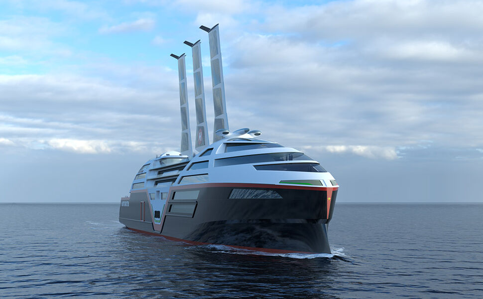 I 2030 planlegger Hurtigruten Norge for bærekraftige skip med seil, som har solcellepaneler integrert. Illustrasjon: Vard Design