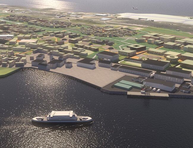 Illustrasjon av den planlagte fabrikken til GreenH på Langstranda i Bodø. Den planlagte flyplassen i bakgrunnen.Foto: GreenH