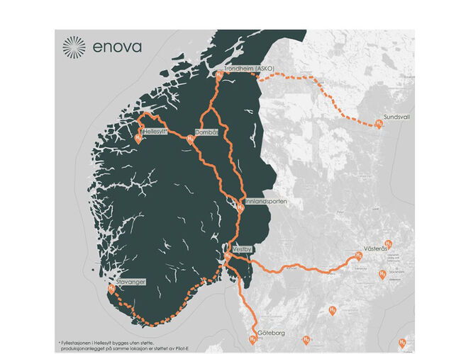 Støttede fyllestasjoner hydrogen per 1. november 2023. Foto:  Enova SF