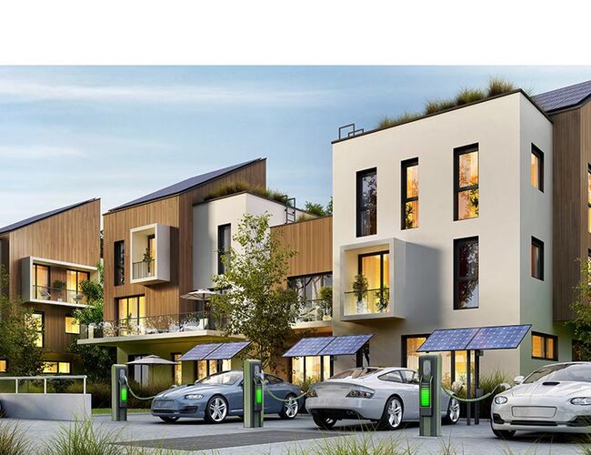 Moderne leilighetsbygg med raske ladestasjoner for elbil. Illustrasjon: Slavun/AdobeStock