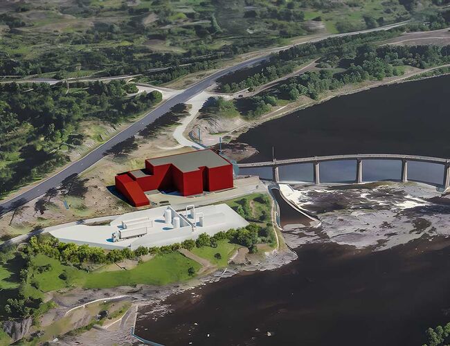 Bygningen merket med rødt er det eksisterende vannkraftverket som står der i dag. Illustrasjon: Å Energi