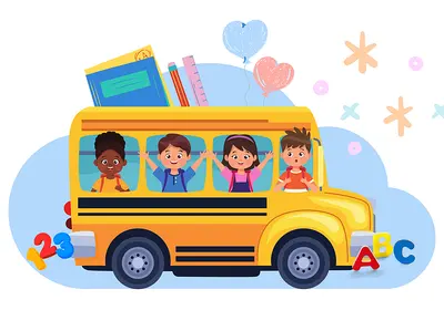Tegning av en gul skolebuss med fire barn som ser ut av vinduene
