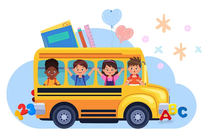 Tegning av en gul skolebuss med fire barn som ser ut av vinduene