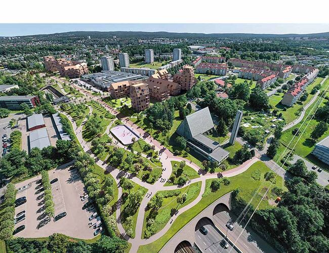 Slik kan et miljølokk over E6 på Manglerud bli. Illustrasjonen viser også eksempler på hvordan tomter langs motorveien kan brukes til boligbygging. Illustrasjon: Link Arkitektur