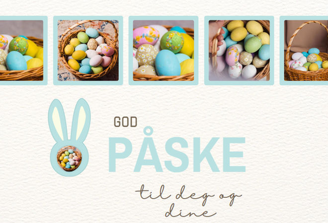 God påske. 5 små bilder av malte egg som ligger i kurver
