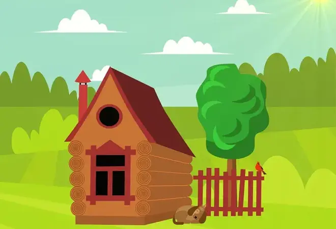 Tegning av ei hytte i tømmerstil, med masse grøntområde rundt, et ilte gjerde og solskinn