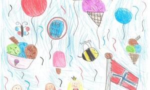 Katarina i 2. klasse har tegnet det hun forbinder med 17. maifeiring. Is, pølser, ballonger, flagg, fint vært og barn som har pyntet seg