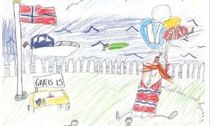 Cornelius 7. klasse har tegnet det han forbinder med 17. mai. 17. mai tog, barn og voksne som går med flagg, ballonger, is, fint vær og sjøen.