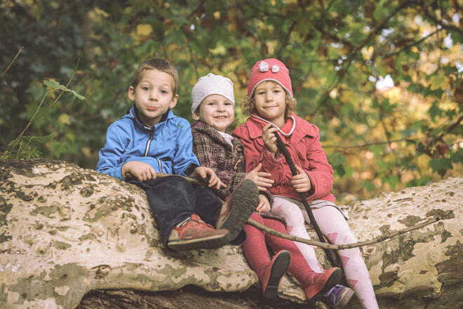 3 barn sitter sammen på en gren