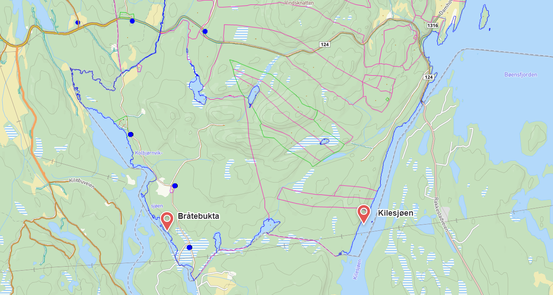 Kartutsnitt av Bråtebukta og Kilesjøen