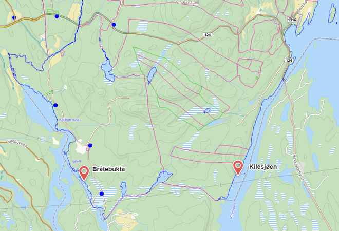 Kartutsnitt av Bråtebukta og Kilesjøen