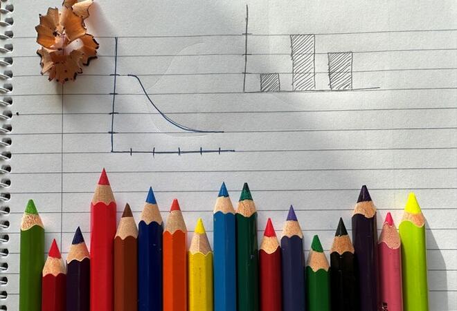 Opptegnede grafer og fargeblyanter i ulike farger ligger etter hverandre oppå en notatblokk.