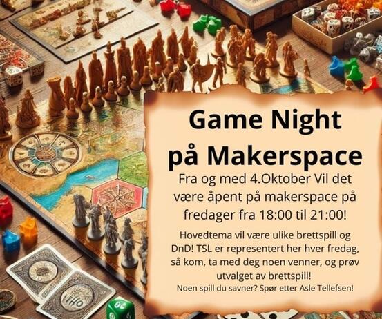 Bilde av brettspill og informasjon om åpningstid  Gamenight på Markerspace.