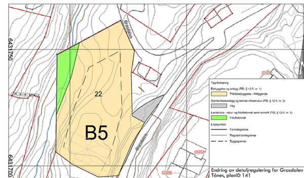 Kartutsnitt. Markert område i gult og grønt, og betegnelse B5.